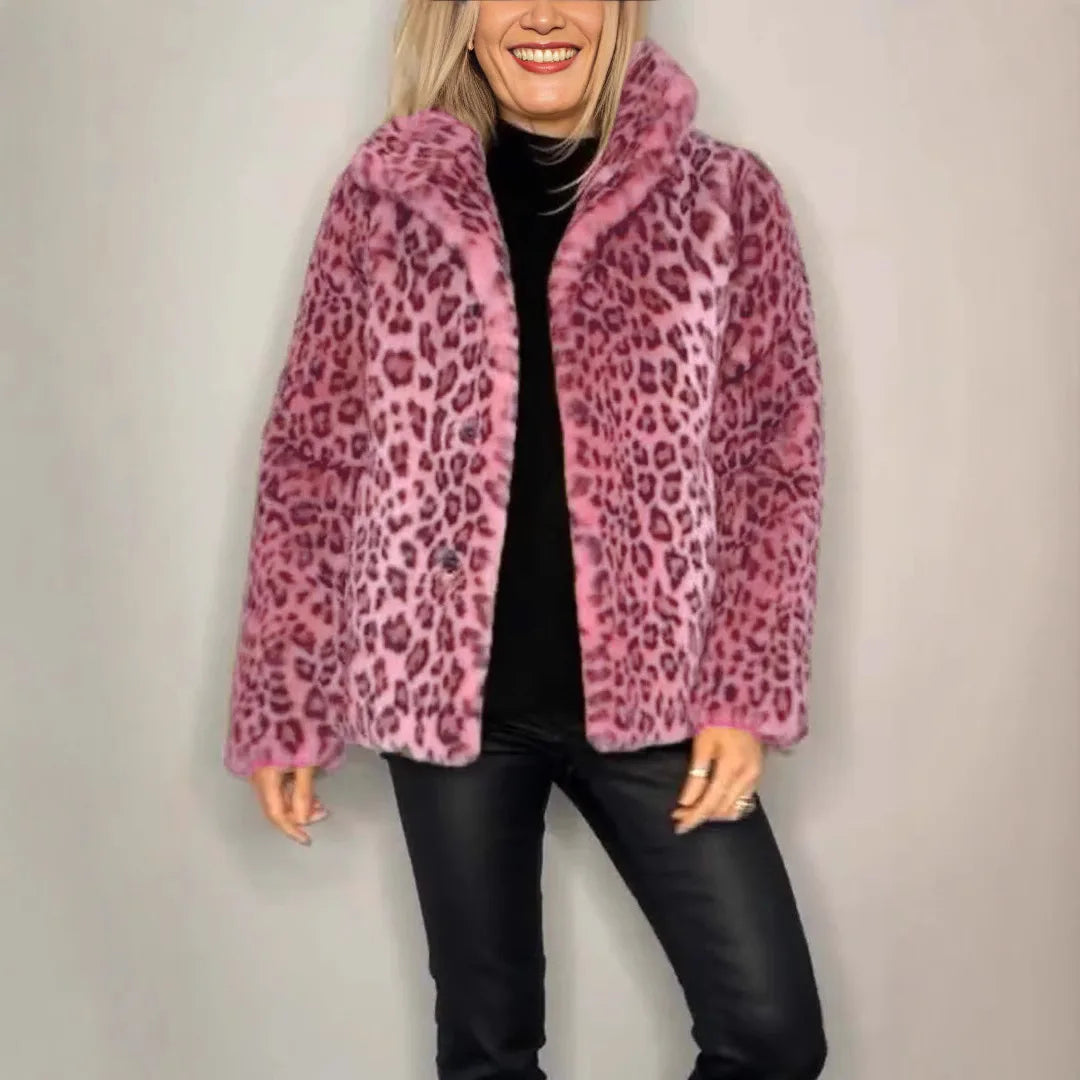 Model wearing pink leopard print faux fur coat
