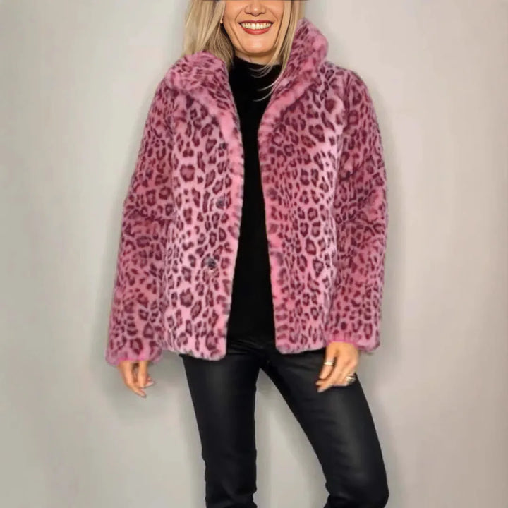 Model wearing pink leopard print faux fur coat
