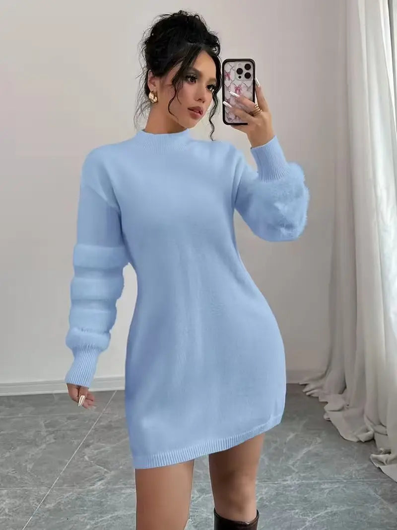 Sky blue mock neck sweater dress with fuzzy sleeve detail