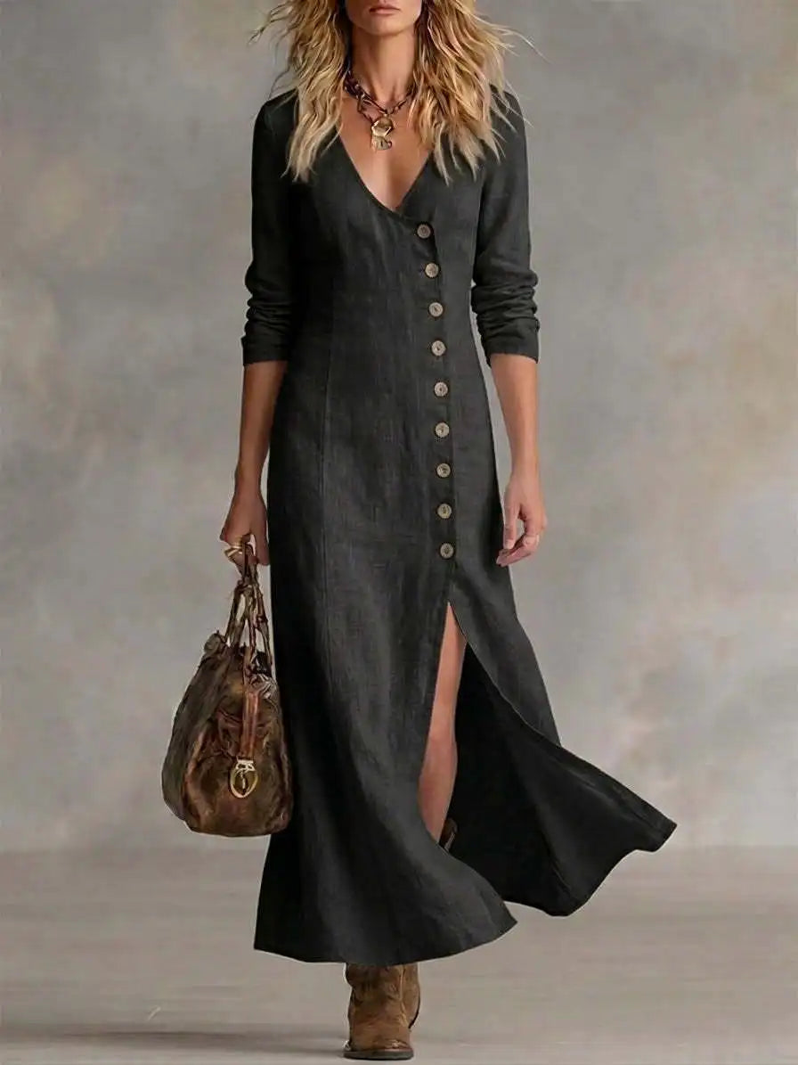 Yasmin Button Front Side Slit Maxi Dress
