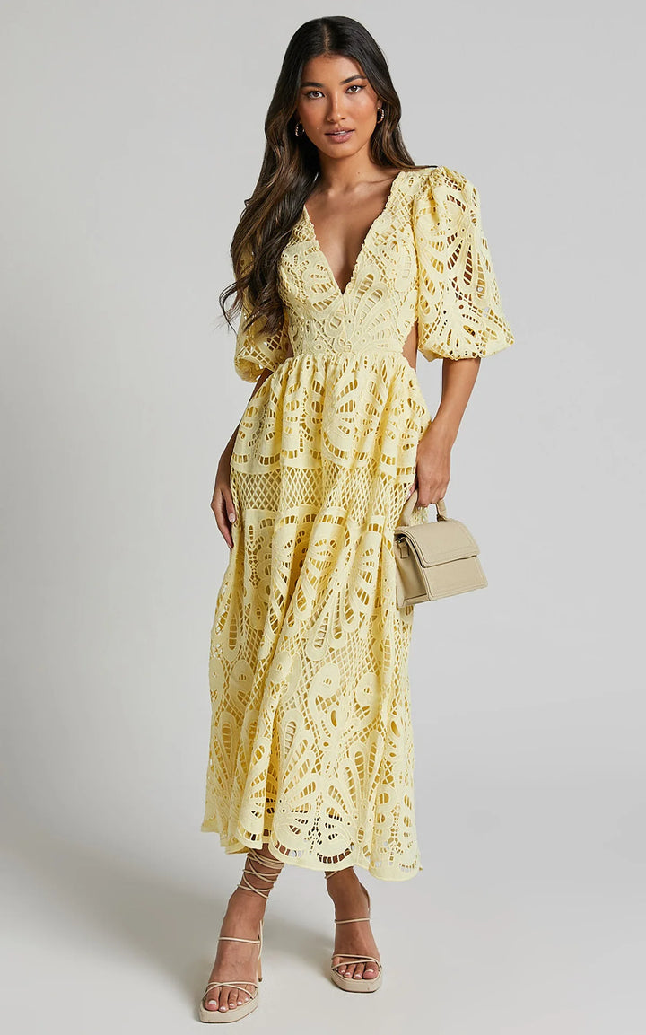 Vera Puff Sleeve Embroidered Lace Midi Dress