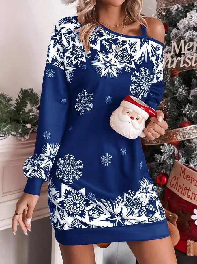 Close up of blue snowflake print mini dress with cold shoulder detail