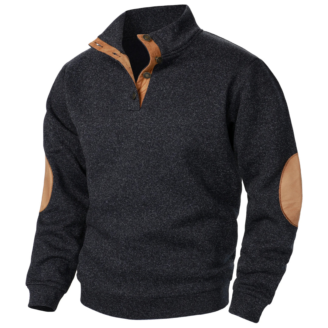 Black heathered quarter-button pullover with suede elbow patches, front view