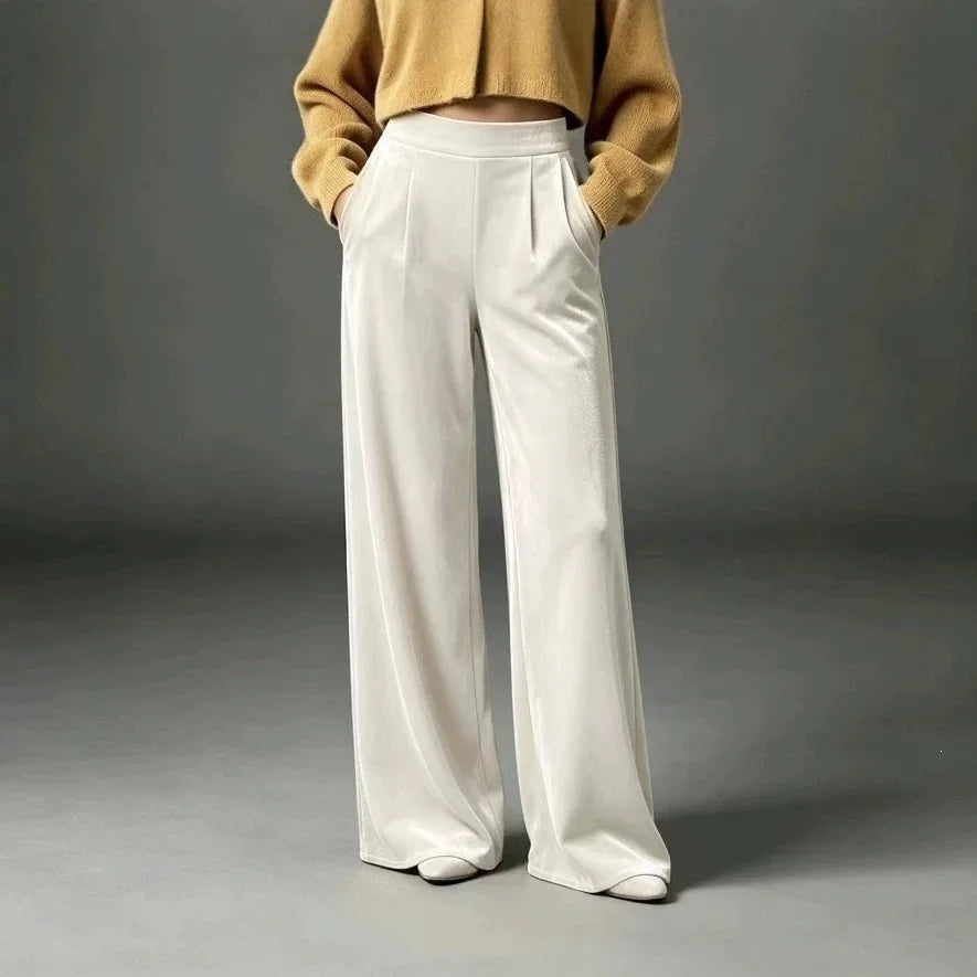 White velvet wide leg pants, front view