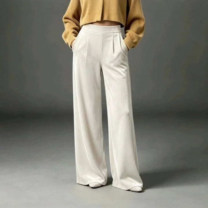 White velvet wide leg pants, front view