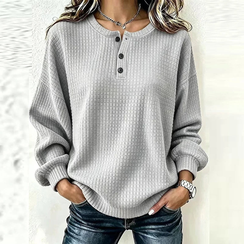 Gray waffle knit henley top with button placket