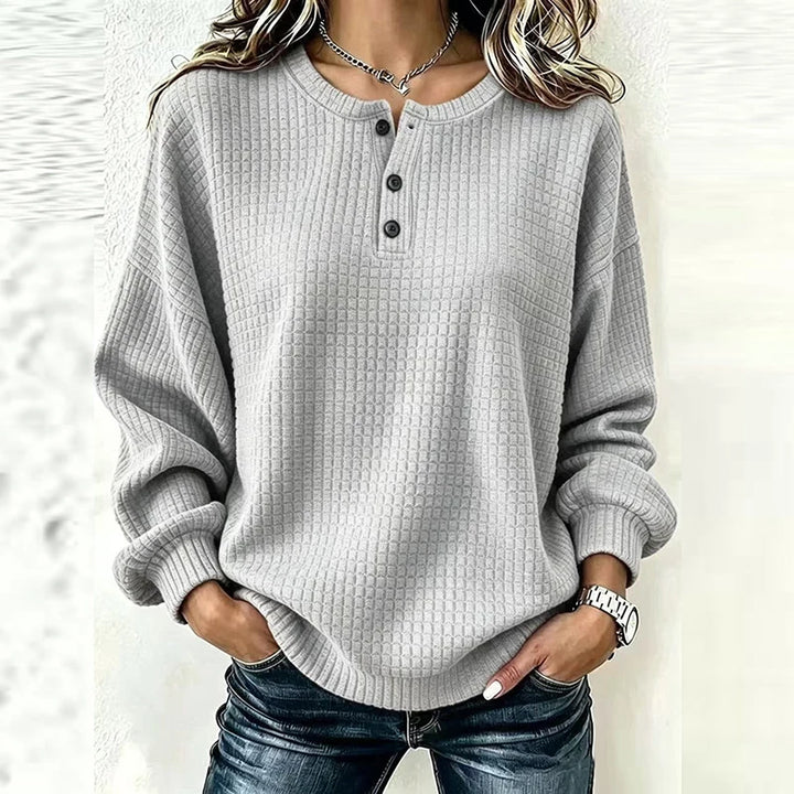 Gray waffle knit henley top with button placket