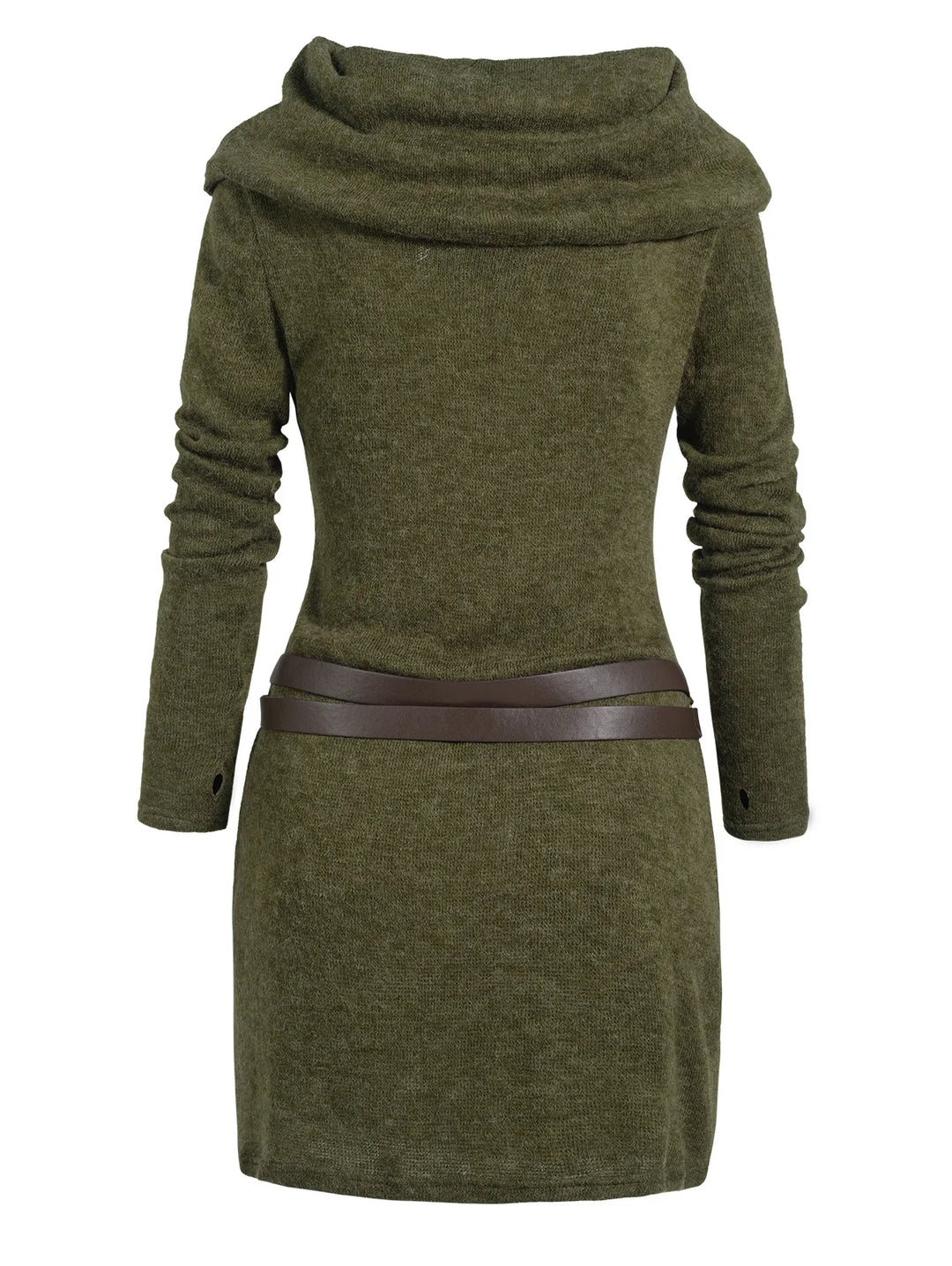 Deep green sweater dress back view with belt