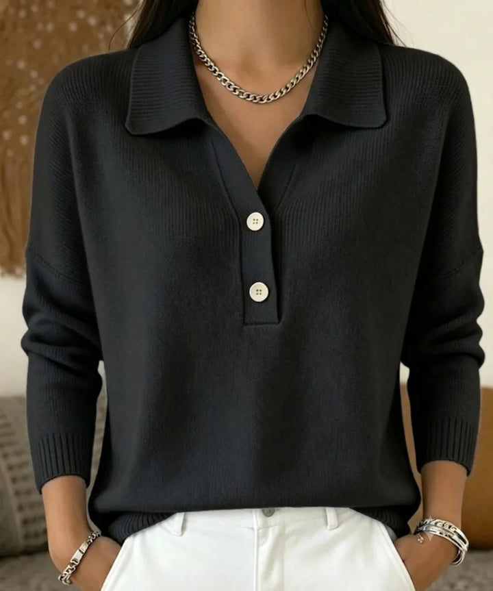 Black knit polo sweater with ribbed collar