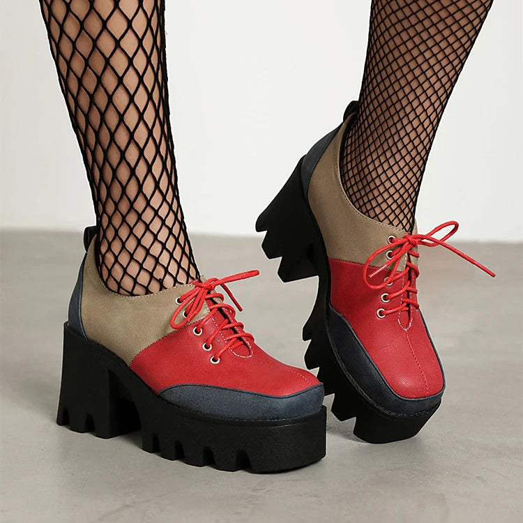 Red, taupe, and navy color block platform shoe front view