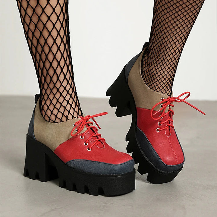 Red, taupe, and navy color block platform shoe front view