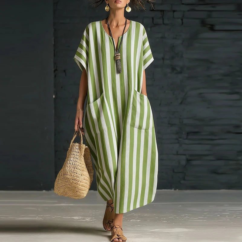 Rosemyn Striped V Neck Boho Maxi Dress