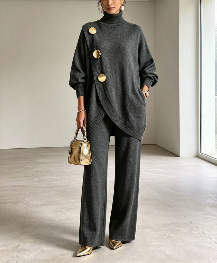 Dark grey asymmetric wrap sweater and wide leg pants set, front view