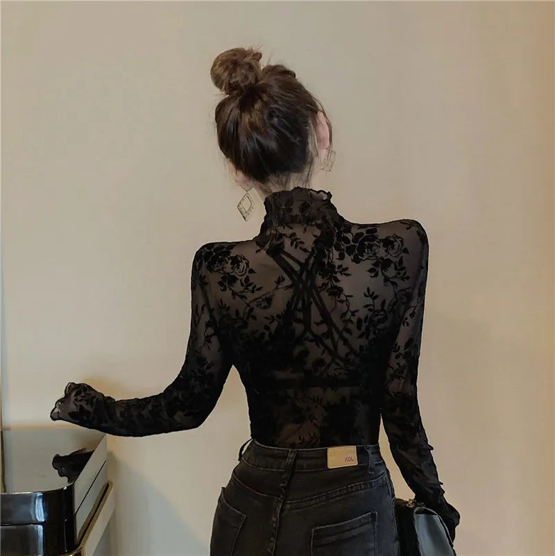 Eleanor Flocked Mesh Turtleneck