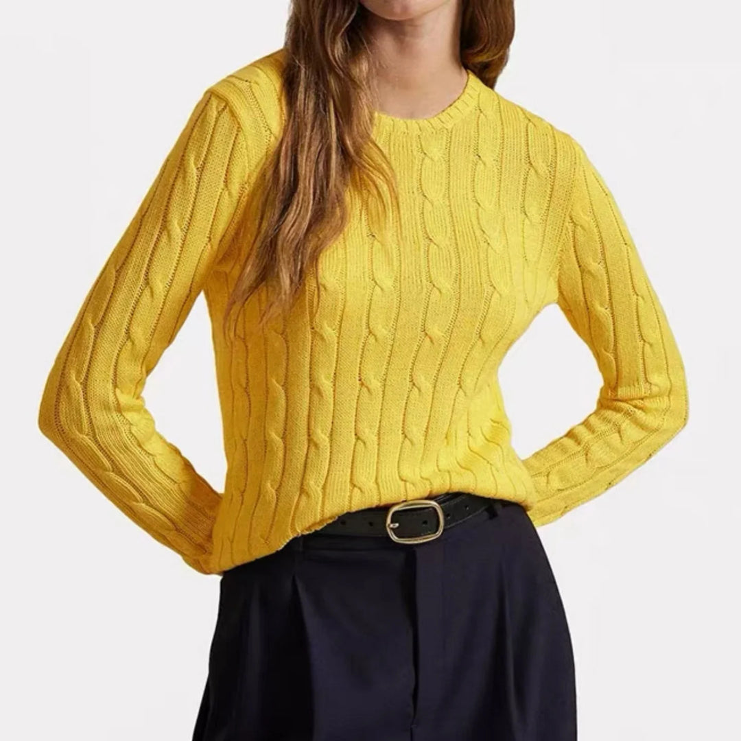 Yellow cable knit crew neck sweater on model