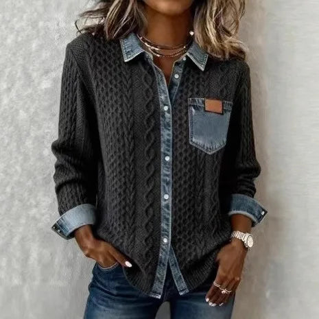 Woman wearing dark grey cable knit cardigan shirt jacket with denim-look collar and pocket
