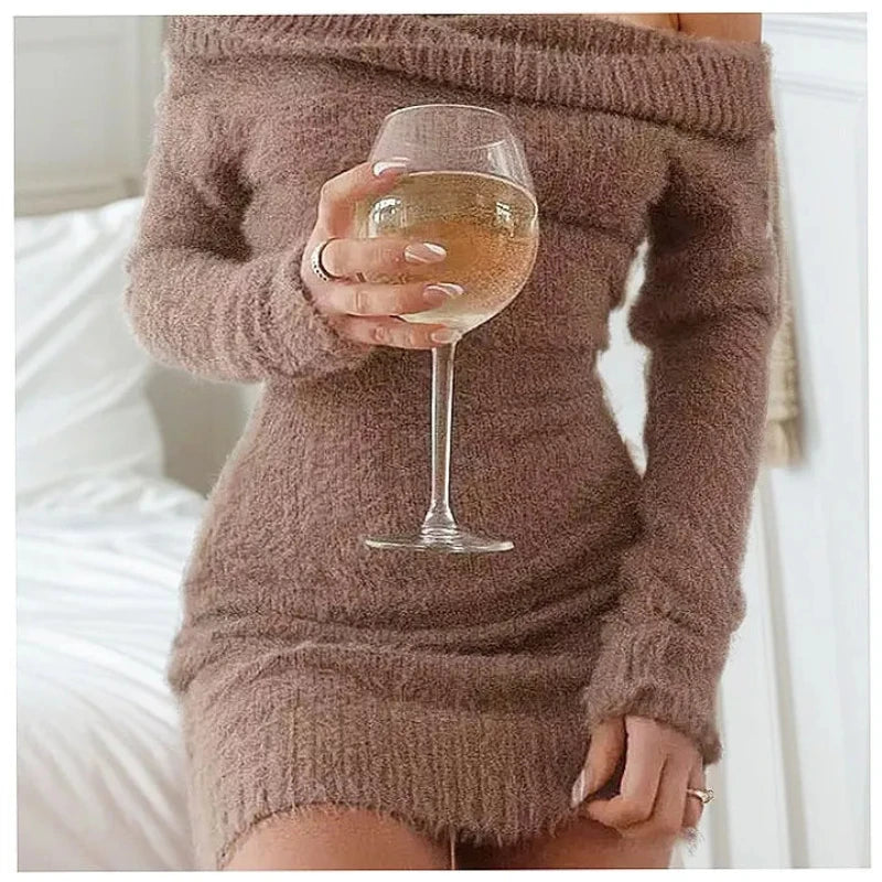 Woman in light brown off shoulder fuzzy knit bodycon dress