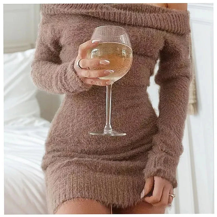 Woman in light brown off shoulder fuzzy knit bodycon dress