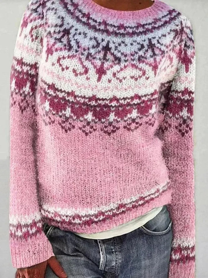 Pink Fair Isle sweater with patterned yoke