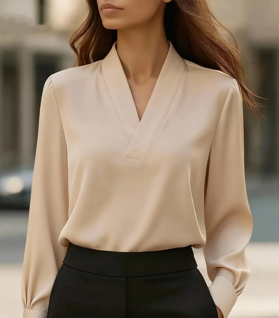 Marcella Draped Satin V Neck Blouse
