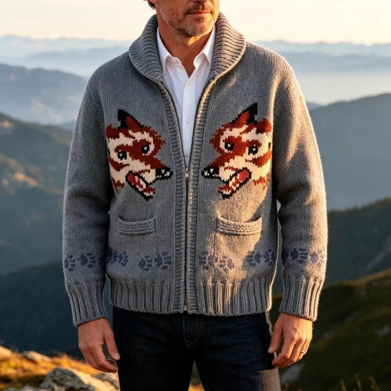 Close-up of gray fox graphic zip cardigan with shawl collar and welt pockets