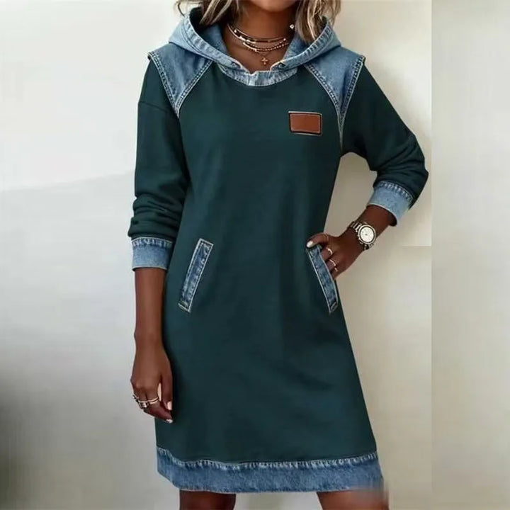 Green denim-trim hooded sweatshirt dress front view