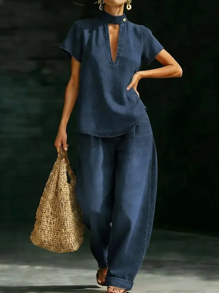 Reese Casual Denim Style Wide Leg Outfit Set