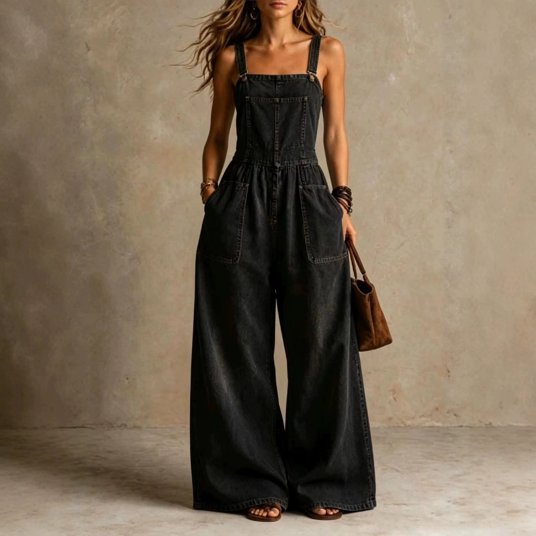 Casey Wide Leg Denim Overall Jumpsuit