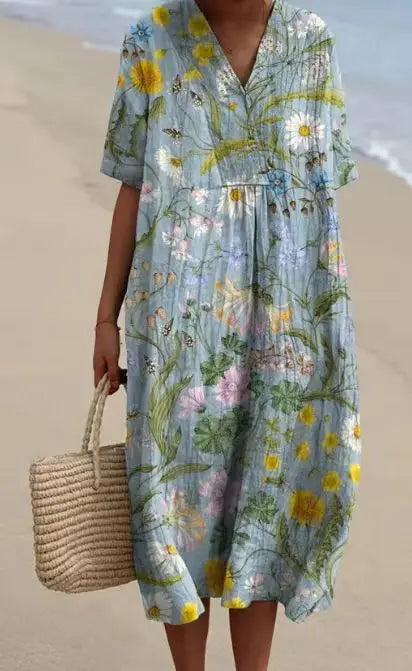 Mallory Printed V Neck Midi Dress