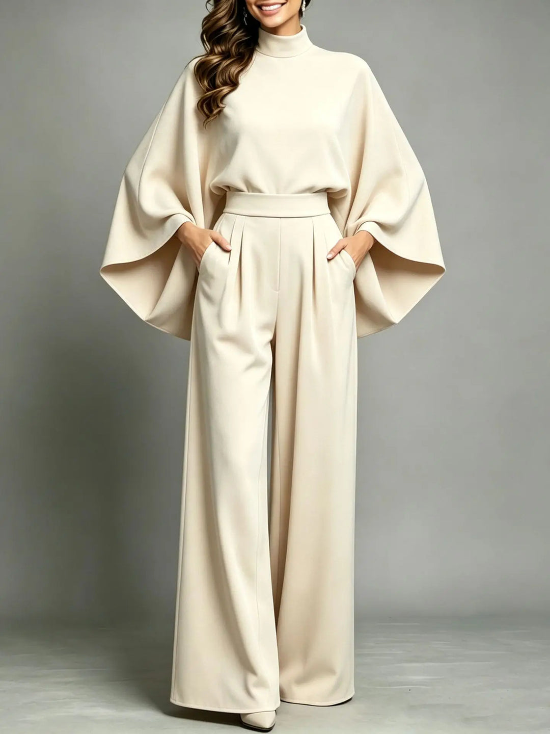 Front view of cream cape sleeve top and pleated wide leg trousers with hands in pockets