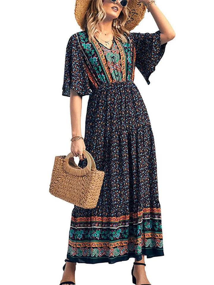 Elara Flowy Boho Print V Neck Maxi Dress