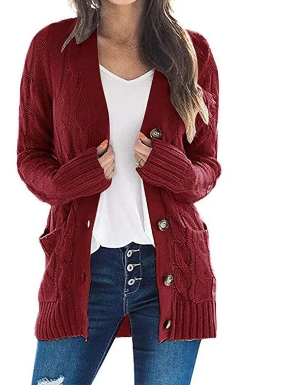 Woman wearing wine red cable knit cardigan