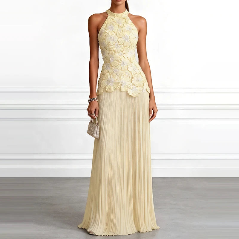 Yellow floral appliqué halter evening dress, full front view