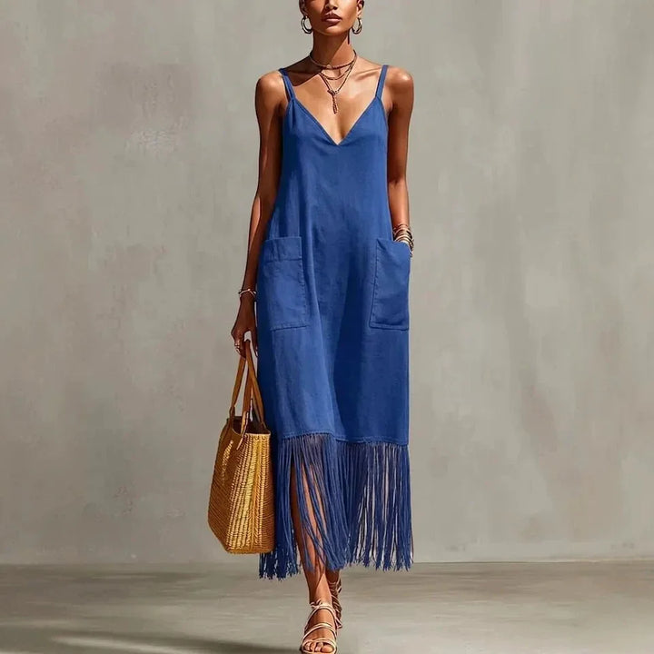 Aveline Tassel Hem V Neck Midi Dress