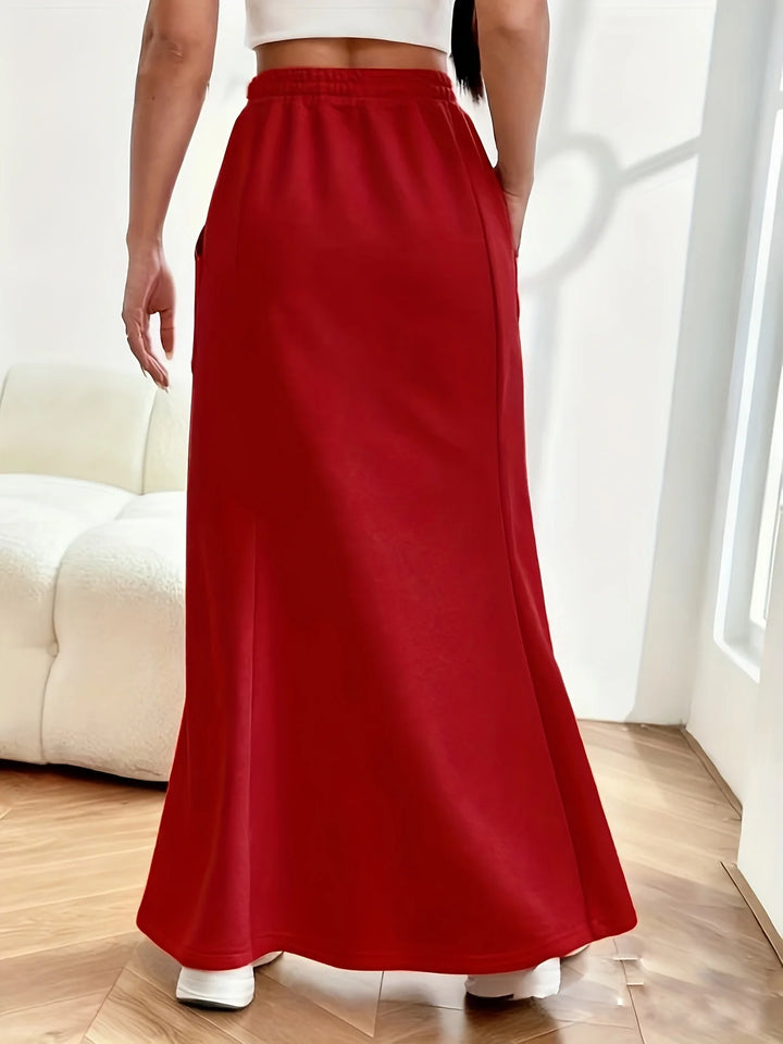 Red mermaid hem maxi skirt back view
