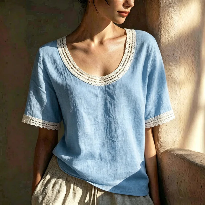 Valeria Lace Trim Linen Blouse