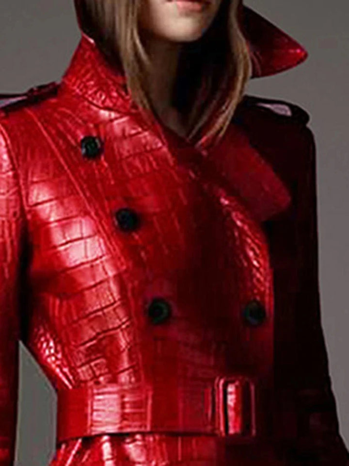 Close up of red crocodile leather trench coat collar and buttons