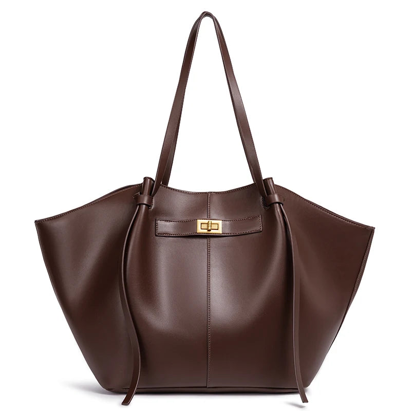 Brown leather winged tote bag front view