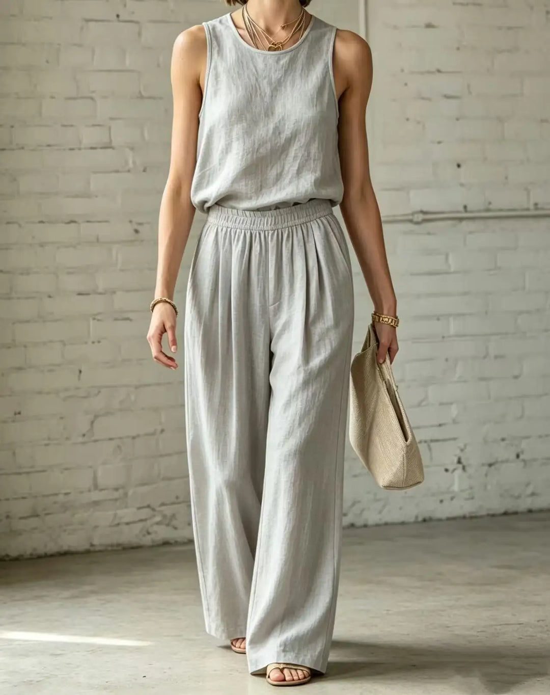 Jade Cotton Linen Camisole Wide Leg Set
