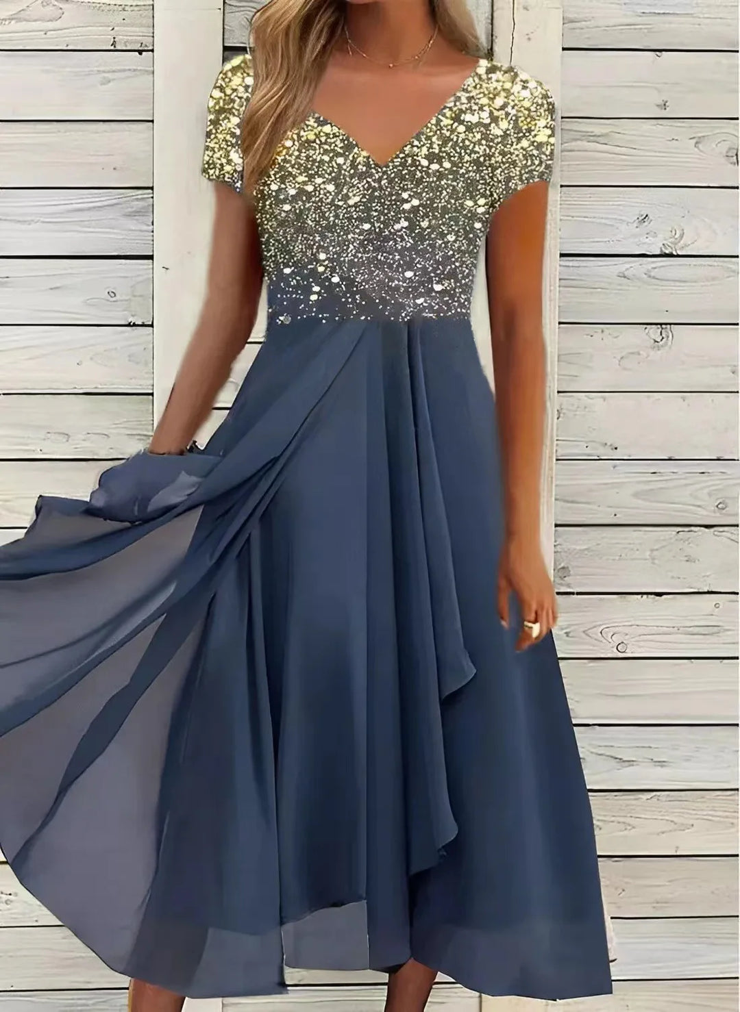Cecilia Lace Patchwork Short Sleeve Chiffon Midi Dress
