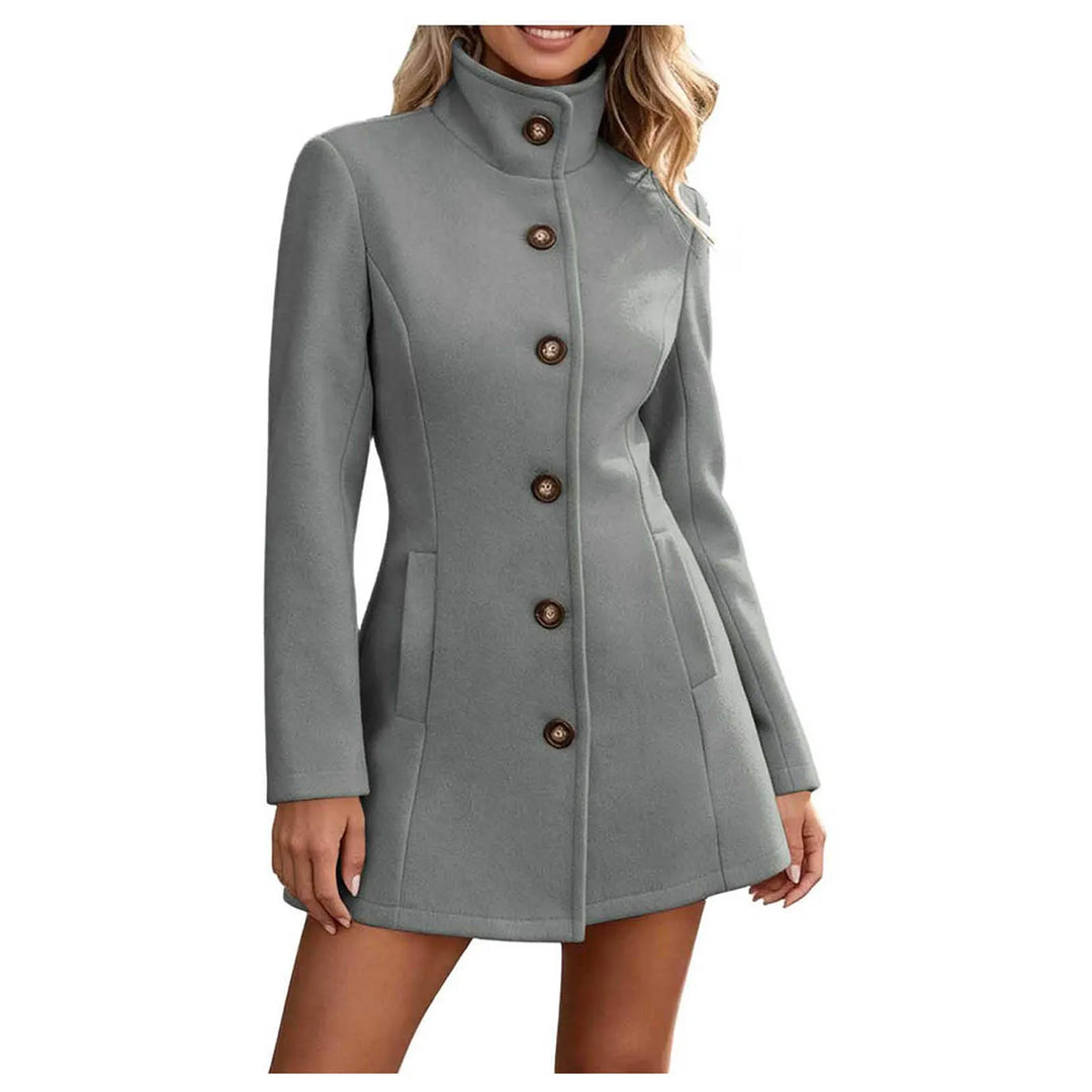 Light gray stand collar wool coat with button front