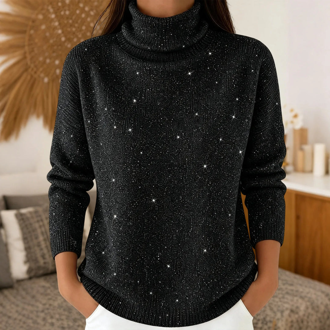 Woman wearing black sparkle knit turtleneck sweater
