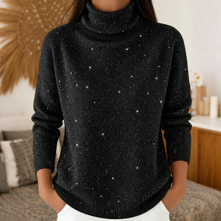Woman wearing black sparkle knit turtleneck sweater