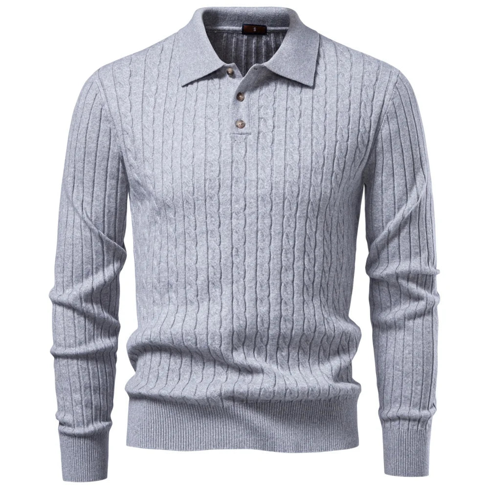 Light grey cable knit polo sweater flat lay