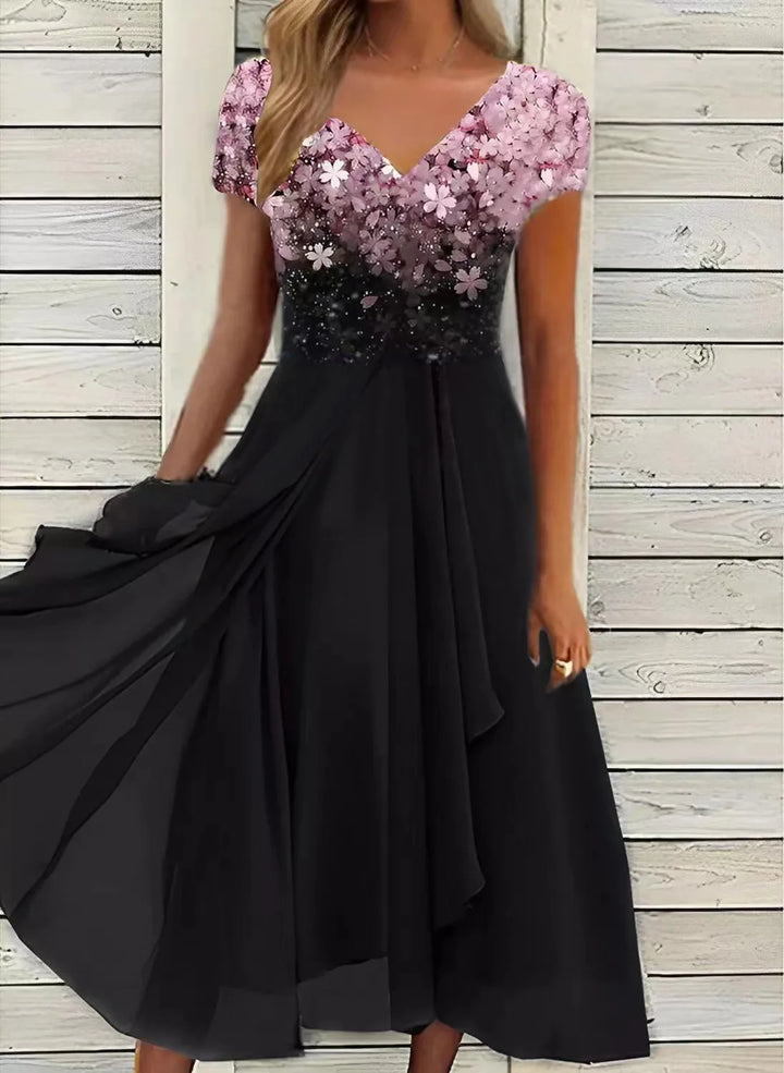 Cecilia Lace Patchwork Short Sleeve Chiffon Midi Dress