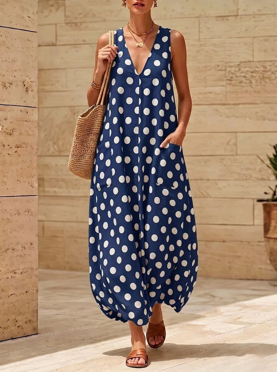Althea Deep V Neck Polka Dot Maxi Dress