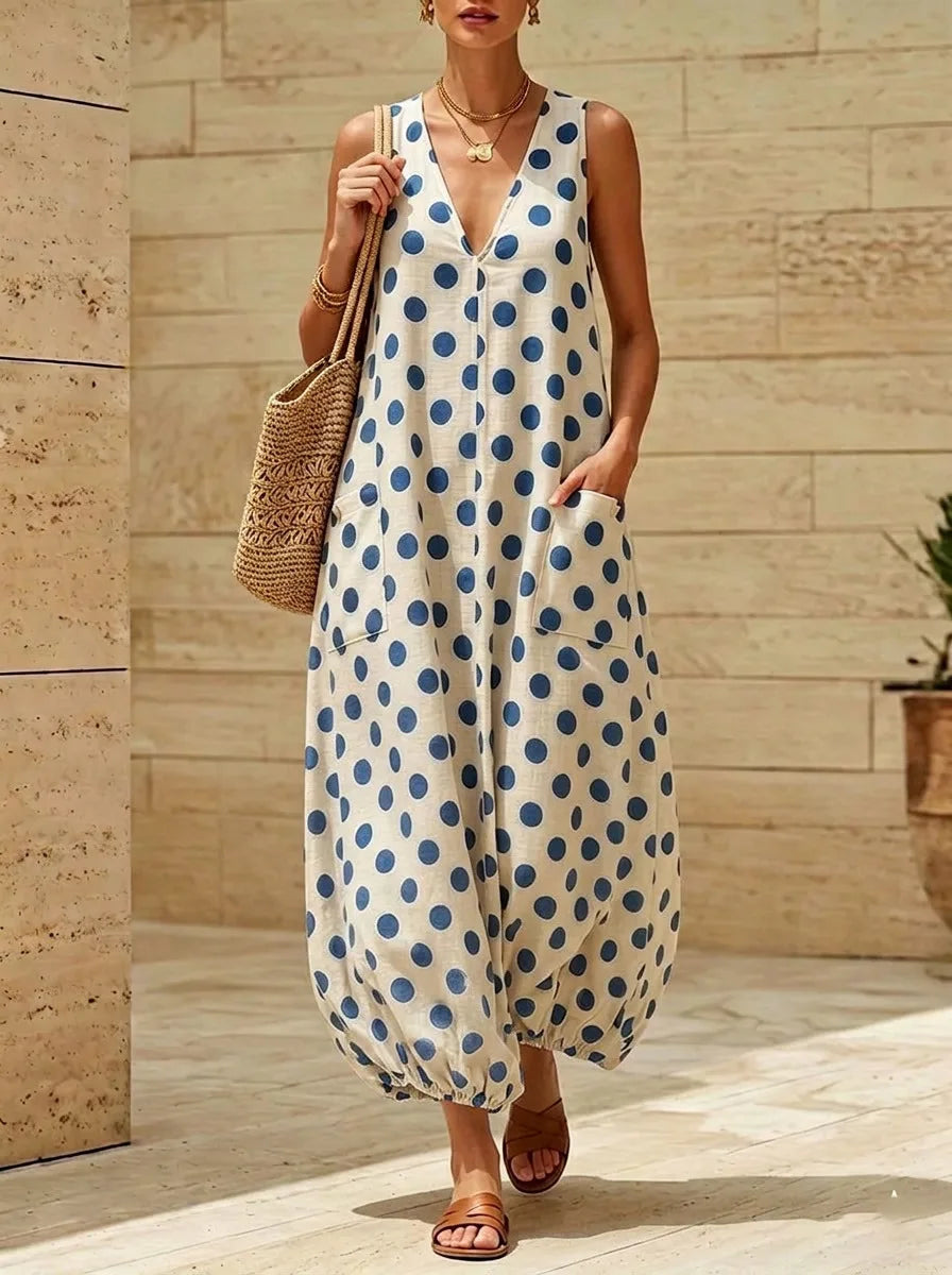 Althea Deep V Neck Polka Dot Maxi Dress