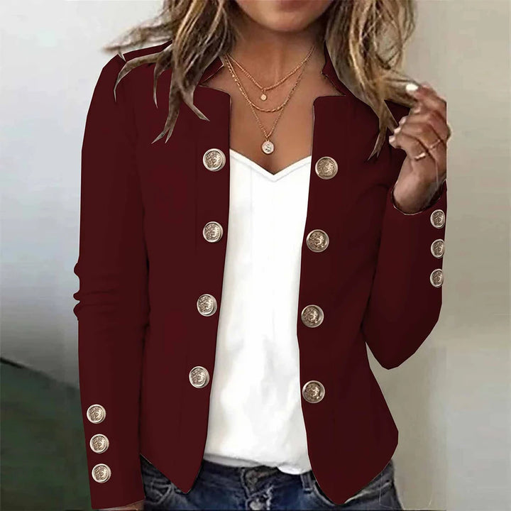 Burgundy blazer with gold button detail worn open
