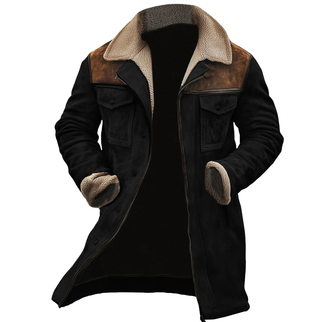 Black and brown colorblock shearling collar coat, front view
