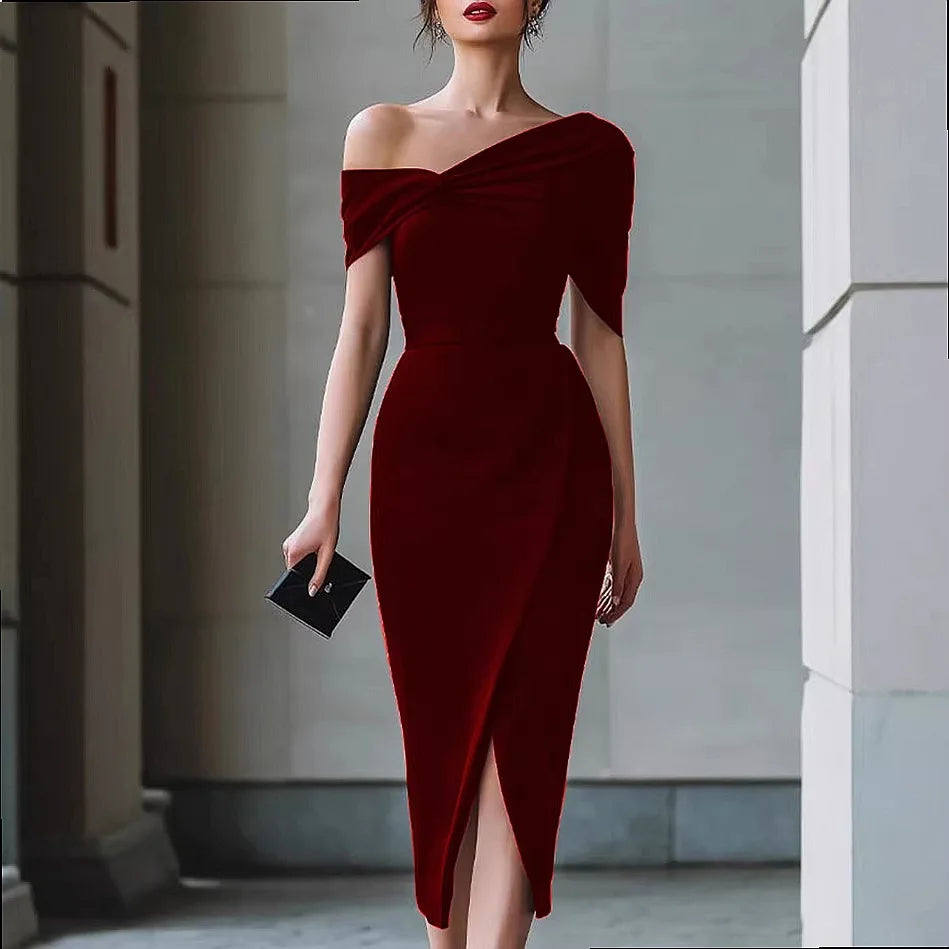 Elara Draped Shoulder Midi Dress